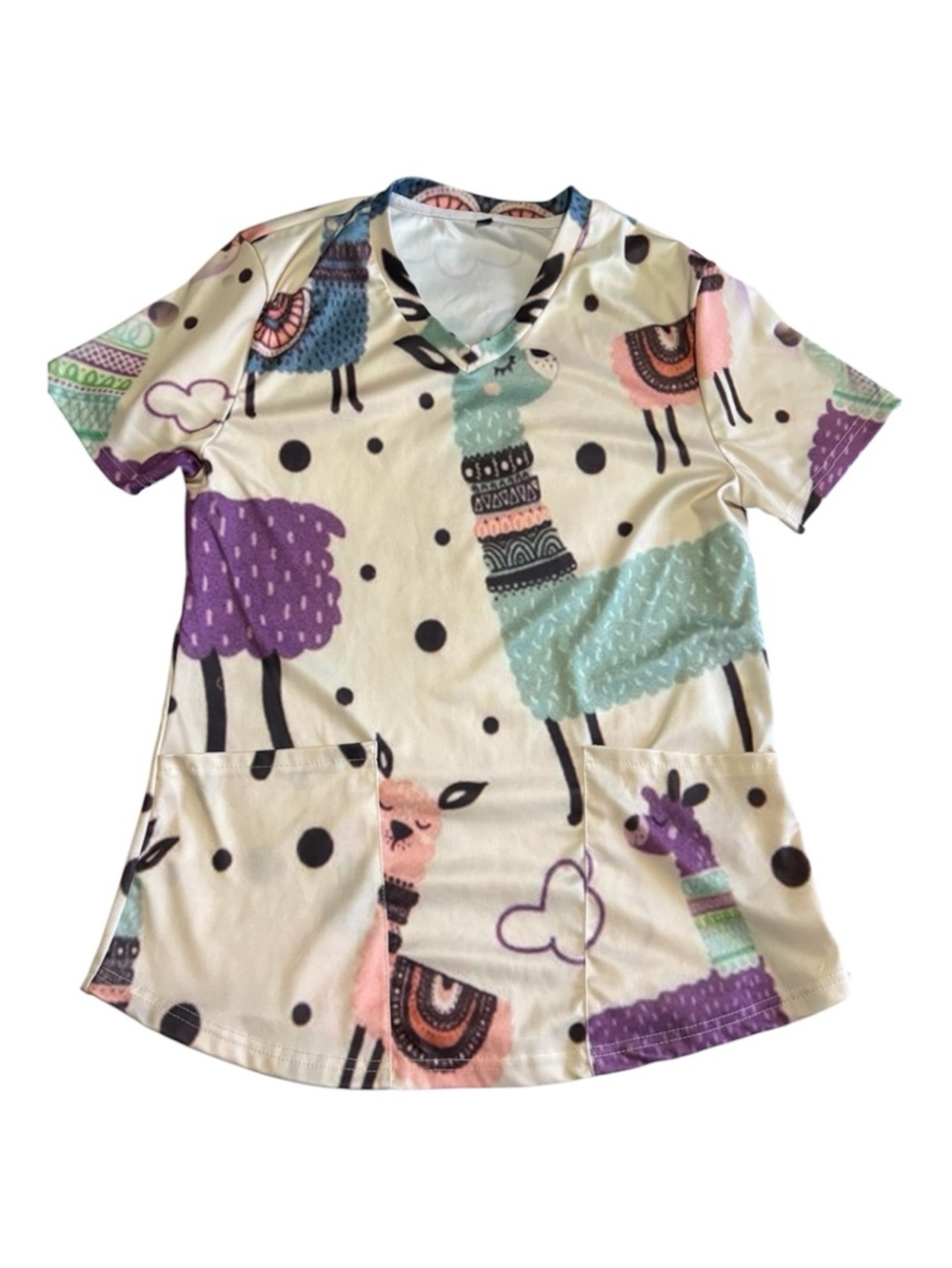 Whimsical Llama Print Scrub Top in Cream, Mint & Purple. Size M - Picture 7 of 7